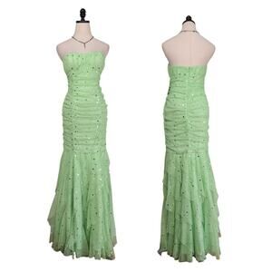 Papell Prom Dress Maxi Gown 10 Fairy Y2K Mermaid Tulle Tinkerbell Sequin Green